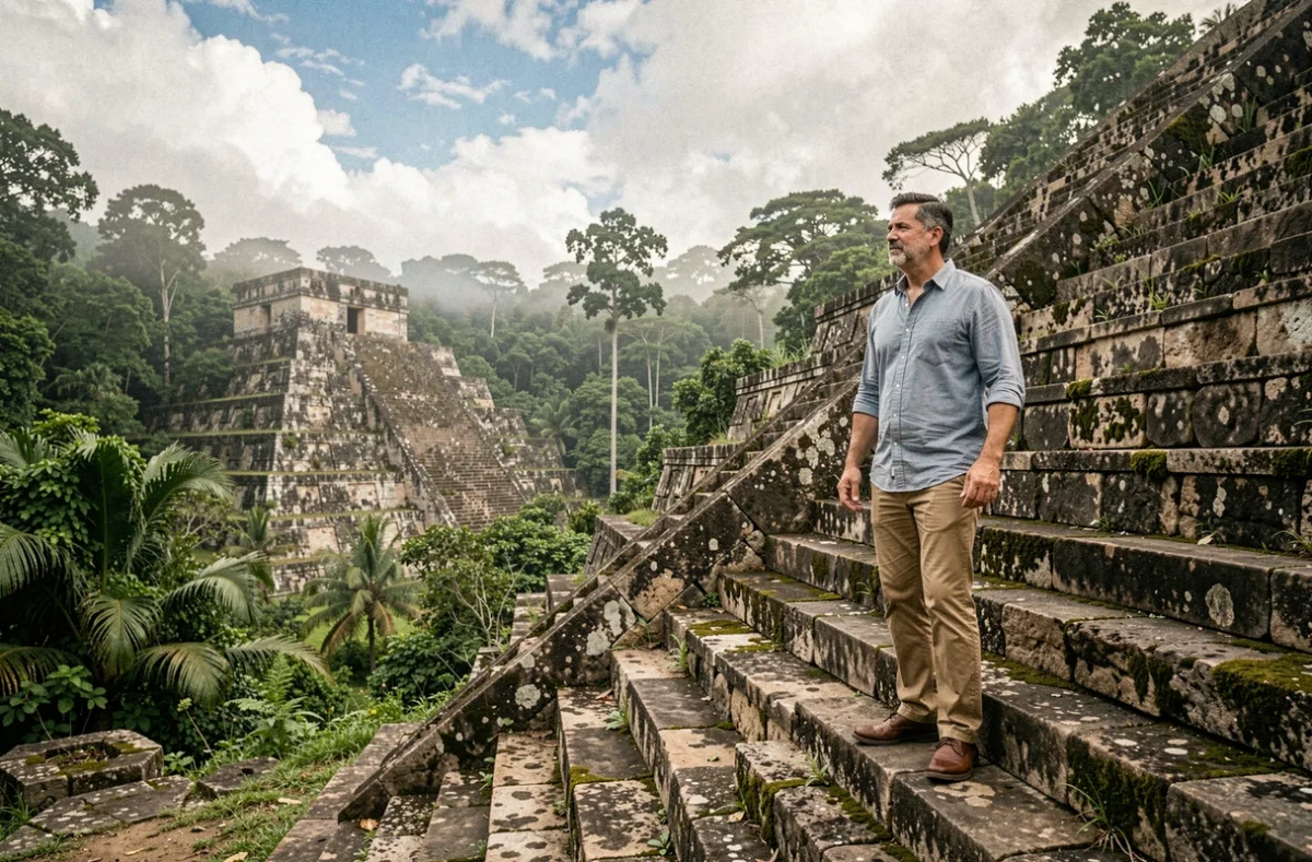 Voyageur explorant des ruines mayas dans la jungle mexicaine avec pyramide de pierre et végétation tropicale