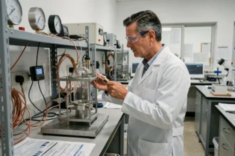 Scientifique examinant une chambre à vide dans un laboratoire de recherche universitaire
