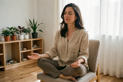 Femme en séance de thérapie intuitive, assise en posture ouverte les yeux fermés dans un cabinet de bien-être chaleureux