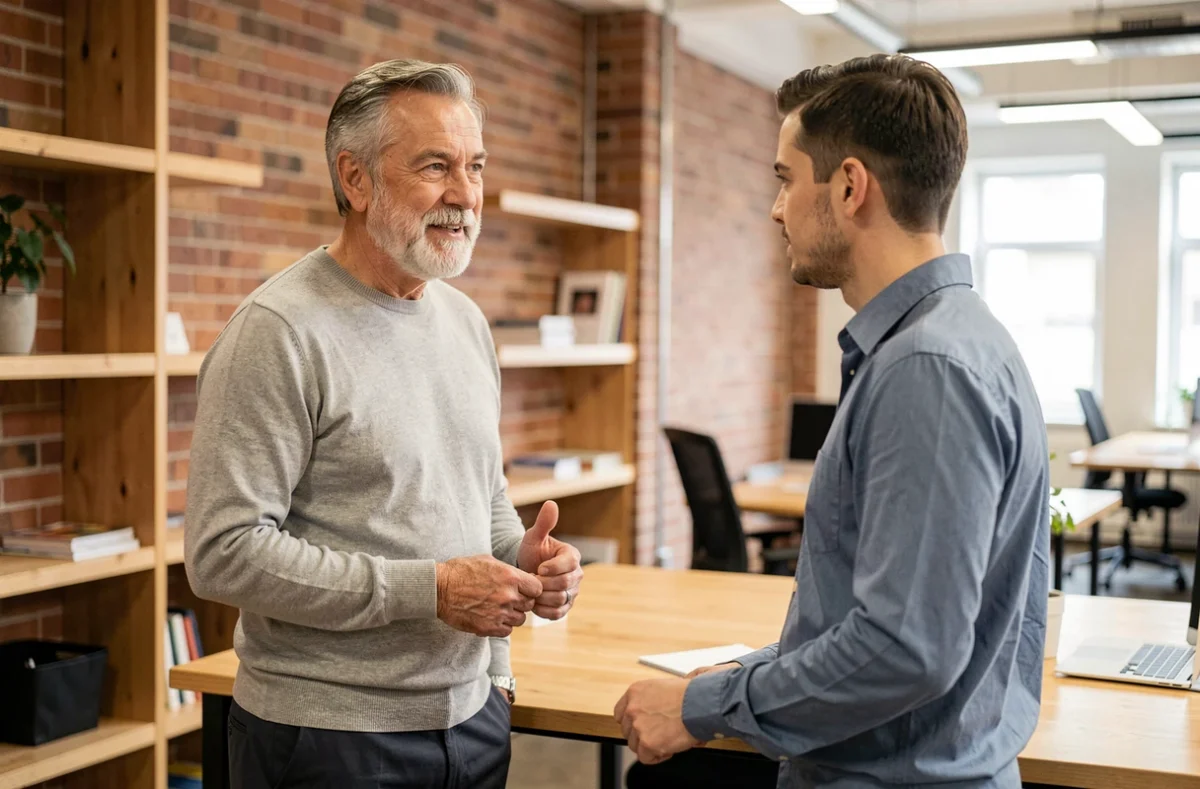 Salarié senior en situation de mentorat avec un jeune collègue dans un espace de travail collaboratif moderne