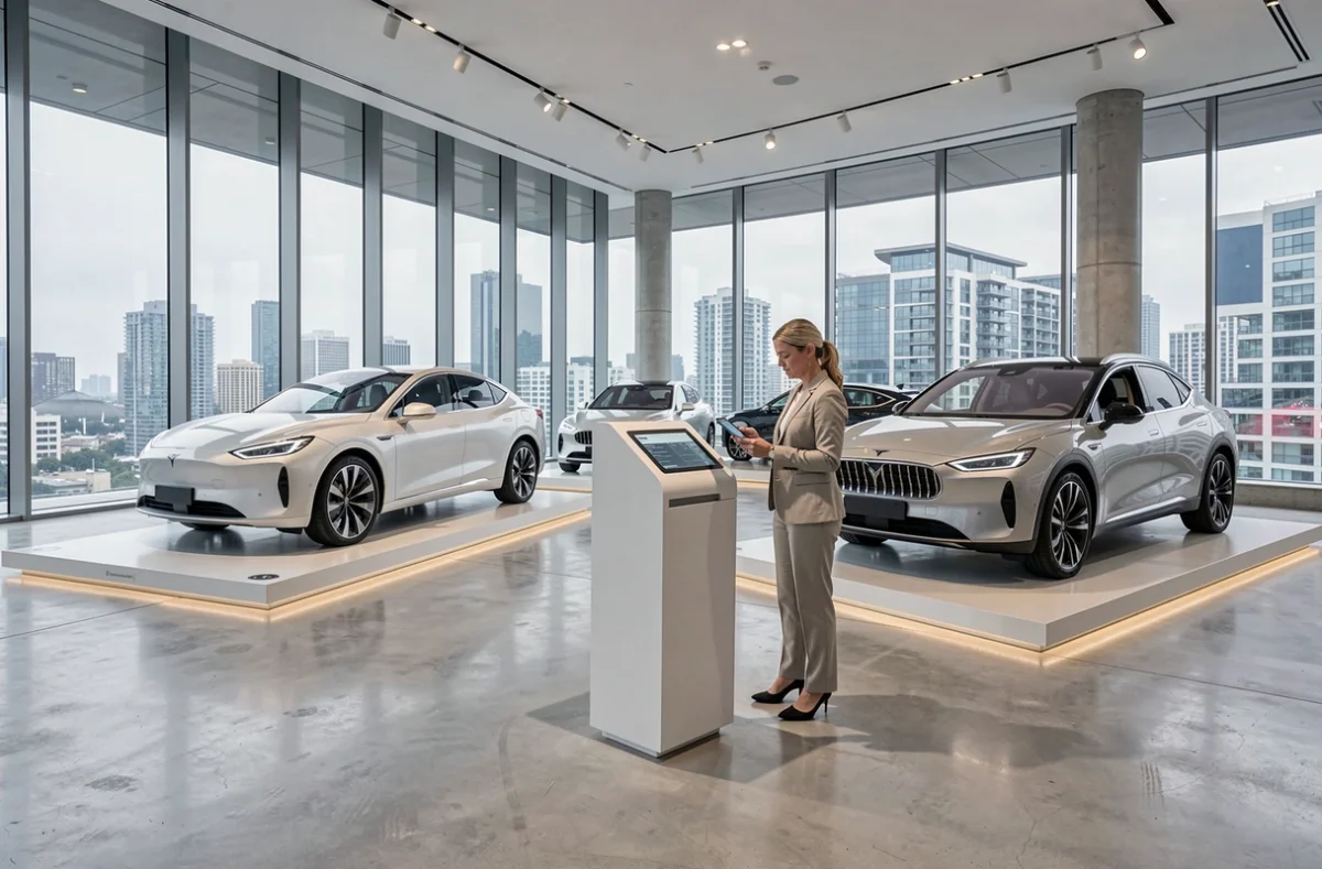 Show-room de véhicules électriques sans prix affichés avec cliente utilisant un configurateur numérique