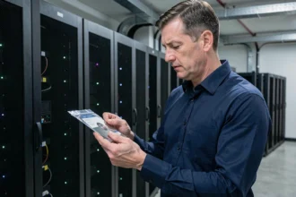 Archiviste numérique manipulant un disque optique dans une salle de serveurs climatisée pour un stockage de données durable