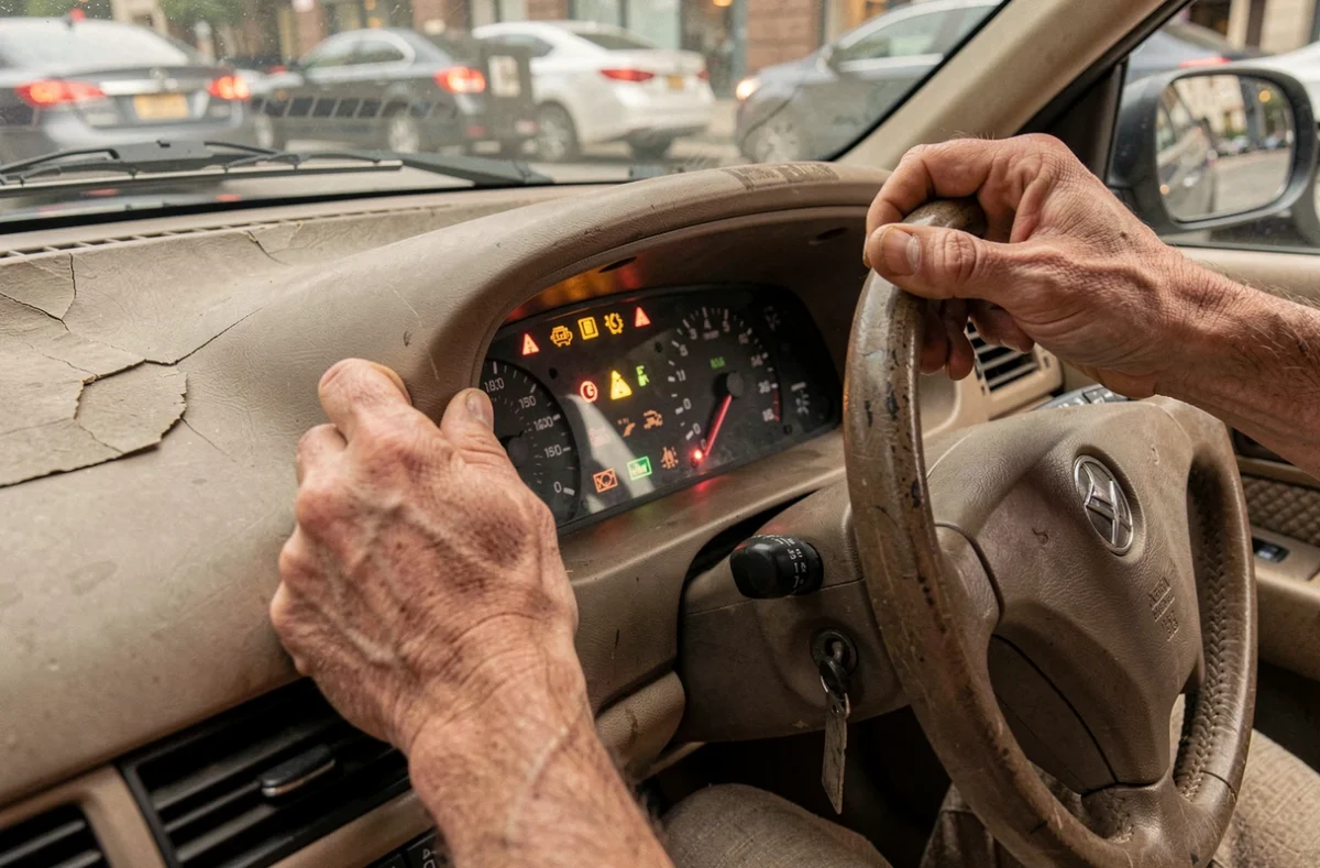 Tableau de bord avec plusieurs voyants d'alerte allumés dans une voiture d'occasion en mauvais état