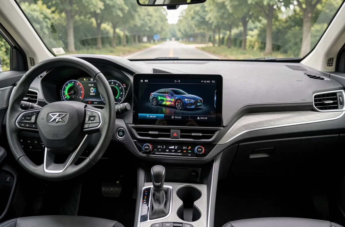 Tableau de bord d'une voiture hybride avec écran digital affichant le flux d'énergie entre moteur électrique et thermique