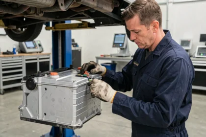 Technicien automobile inspectant une batterie de voiture hybride dans un atelier professionnel