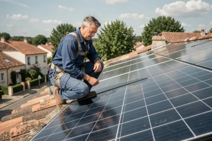 Technicien solaire inspectant des panneaux photovoltaïques installés sur un toit de maison individuelle en France