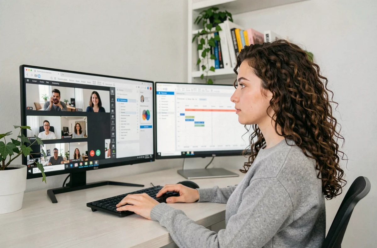 Jeune femme en télétravail utilisant des outils collaboratifs en ligne sur un double écran depuis son bureau à domicile
