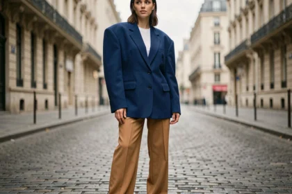 Femme portant un blazer oversize cobalt et un pantalon large camel dans une rue pavée parisienne, illustrant les nouvelles tendances mode