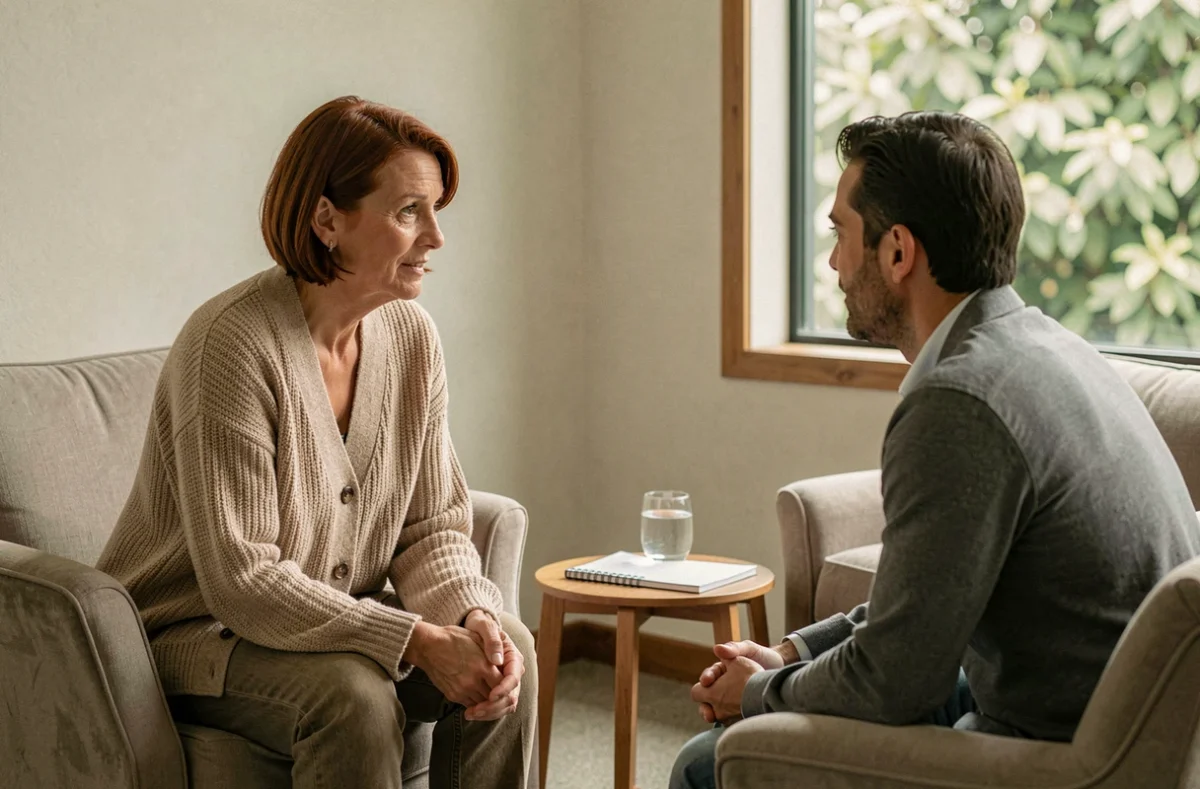 Thérapeute intuitive en consultation face à un client dans un espace de soin apaisant, échange authentique et bienveillant