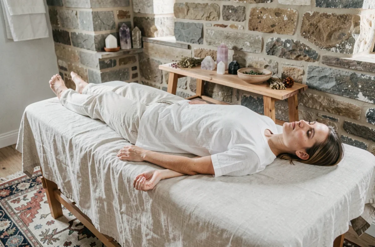 Personne allongée en séance de thérapie intuitive dans un espace zen avec cristaux et matières naturelles