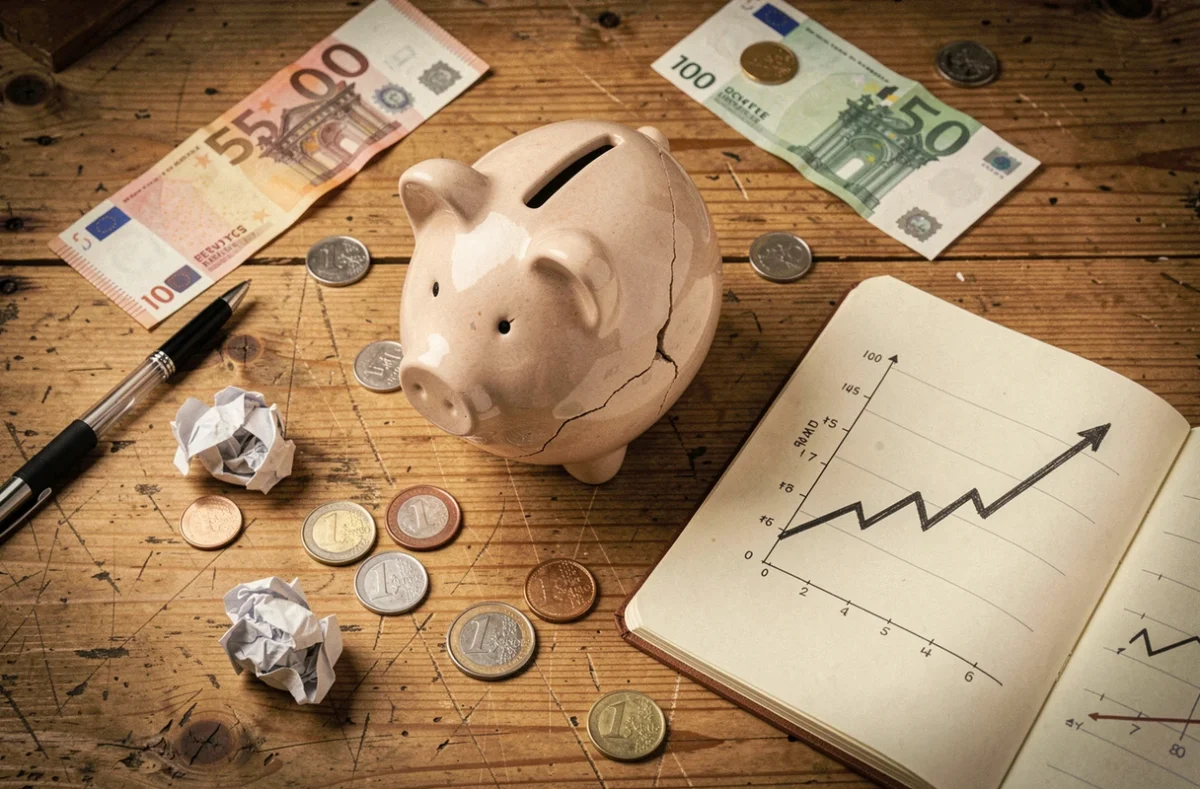 Tirelire fissurée entourée de pièces et billets en euros avec un graphique de déclin de l'épargne, illustration symbolique des effets de l'inflation sur les économies