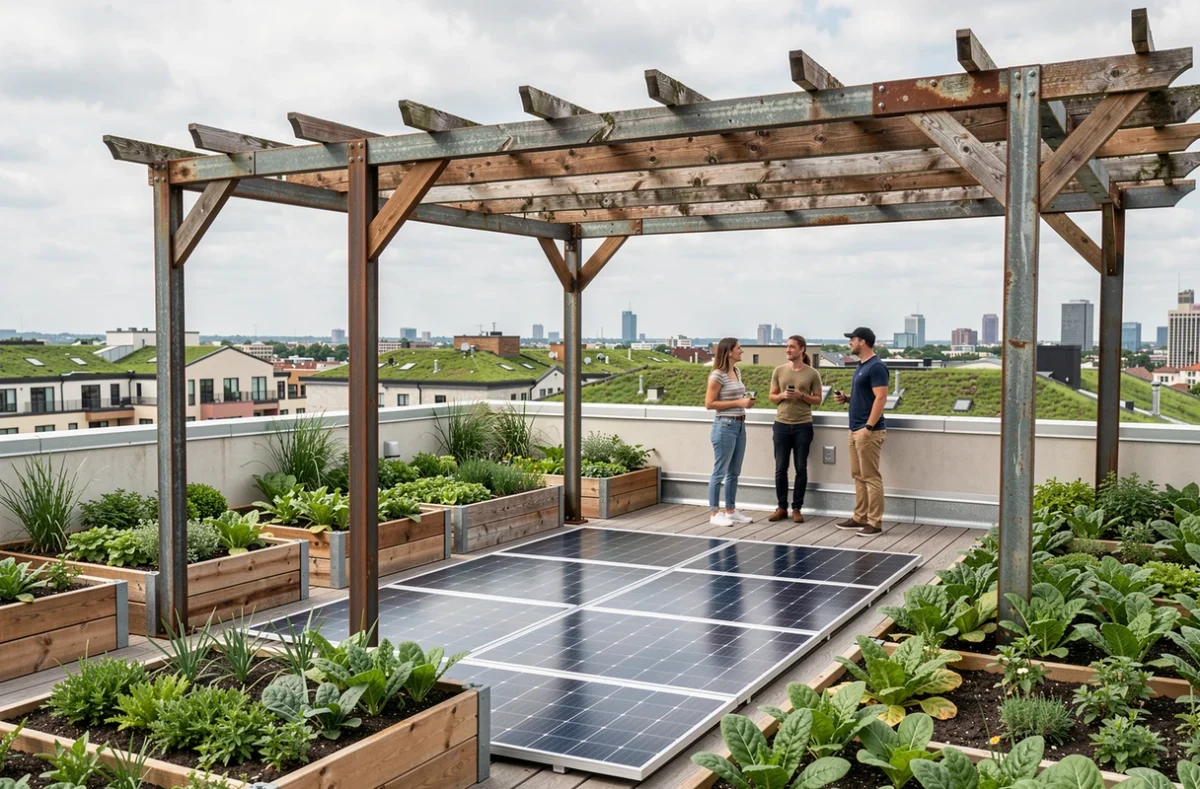 Toiture végétalisée avec ferme urbaine, panneaux solaires et terrasse communautaire sur un immeuble moderne en 2026