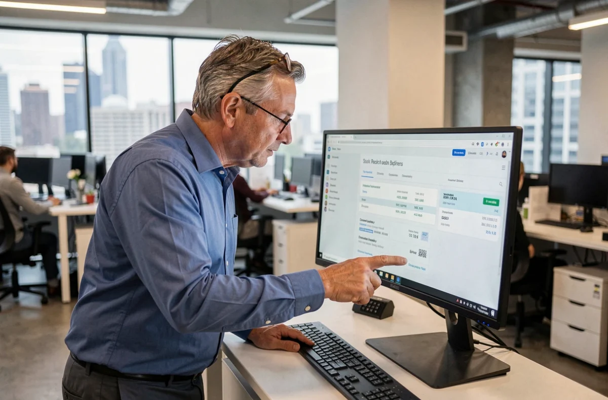 Homme en bureau pointant un écran affichant un explorateur blockchain avec une transaction Bitcoin bloquée en attente
