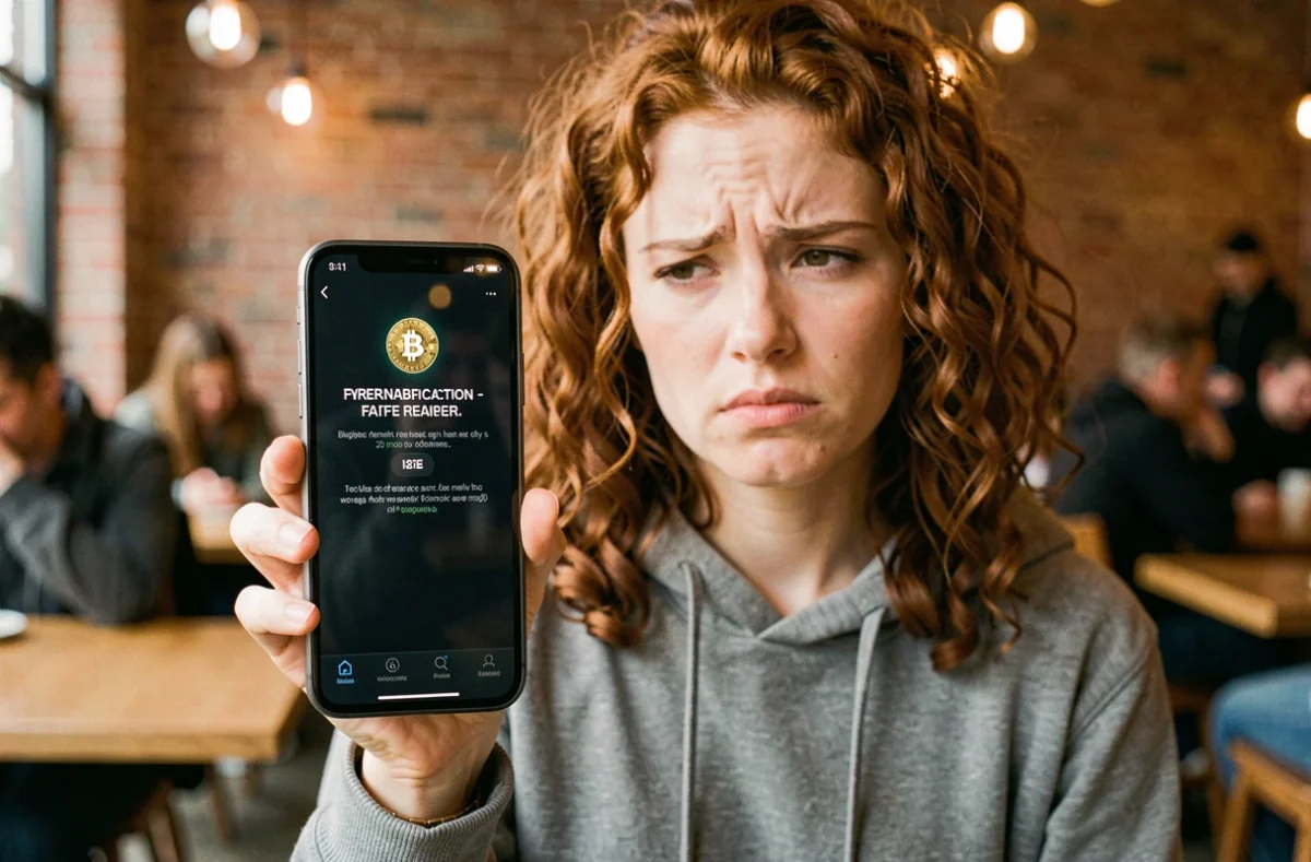 Femme tenant un smartphone affichant une erreur de transaction Bitcoin échouée sur une application blockchain