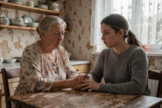 Grand-mère et petite-fille partageant un moment émotionnel chargé autour d'une table de cuisine ancienne, illustrant le traumatisme intergénérationnel
