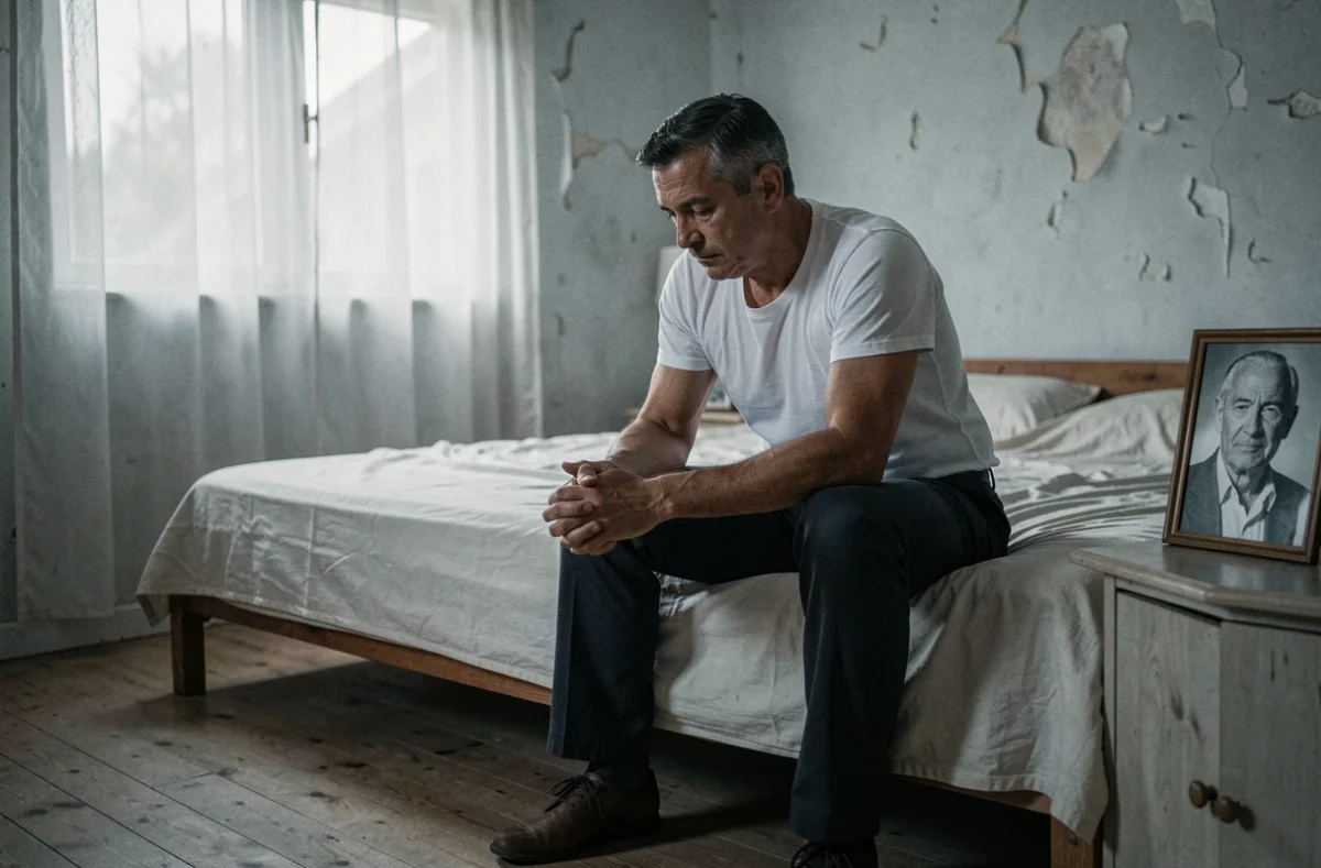 Homme d'âge moyen assis seul sur un lit défait regardant une vieille photo de son père, symbolisant le poids du traumatisme intergénérationnel transmis