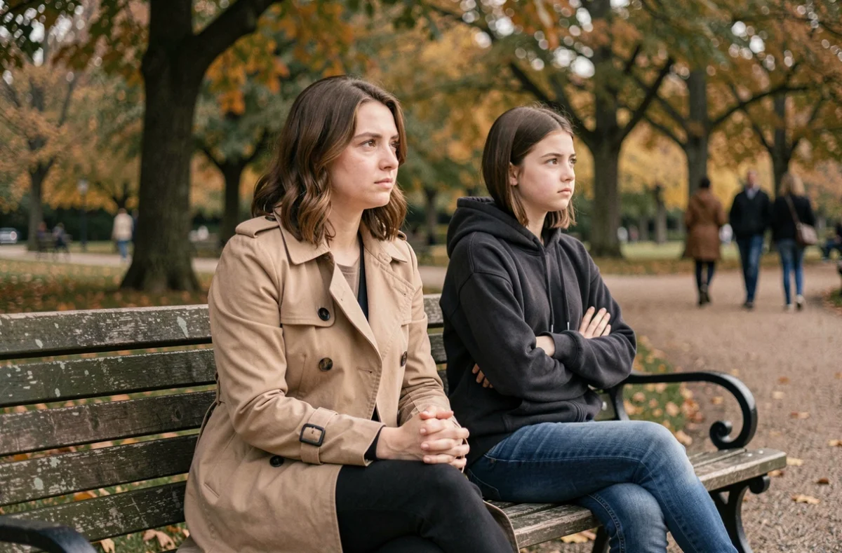 Mère et fille assises côte à côte sur un banc de parc en automne avec une distance émotionnelle visible, représentant la transmission inconsciente du traumatisme entre générations