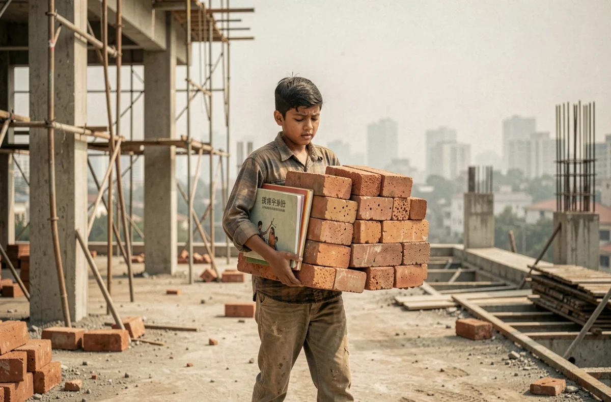 Adolescent contraint au travail sur un chantier de construction en Asie du Sud, symbole du conflit entre pauvreté et accès à l'éducation