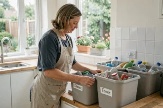 Femme triant des déchets recyclables dans une cuisine moderne pour illustrer les quatre R de l'économie circulaire