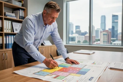 Urbaniste analysant un plan de zonage imprimé dans un bureau municipal moderne
