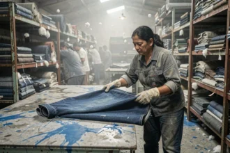 Ouvrière inspectant du tissu denim brut dans une usine textile aux sols tachés de teinture indigo, illustrant l'impact environnemental de la production du jean
