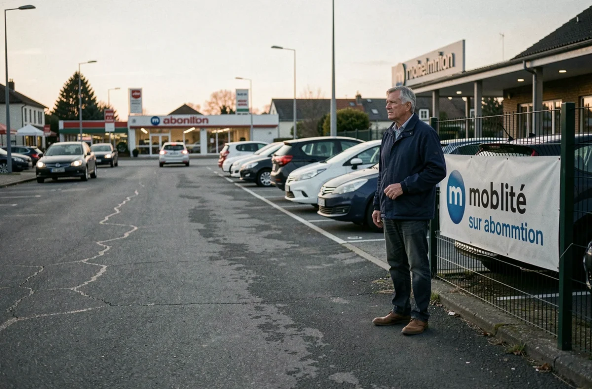 Vendeur automobile pensif devant une bannière de mobilité par abonnement dans un parking de concession