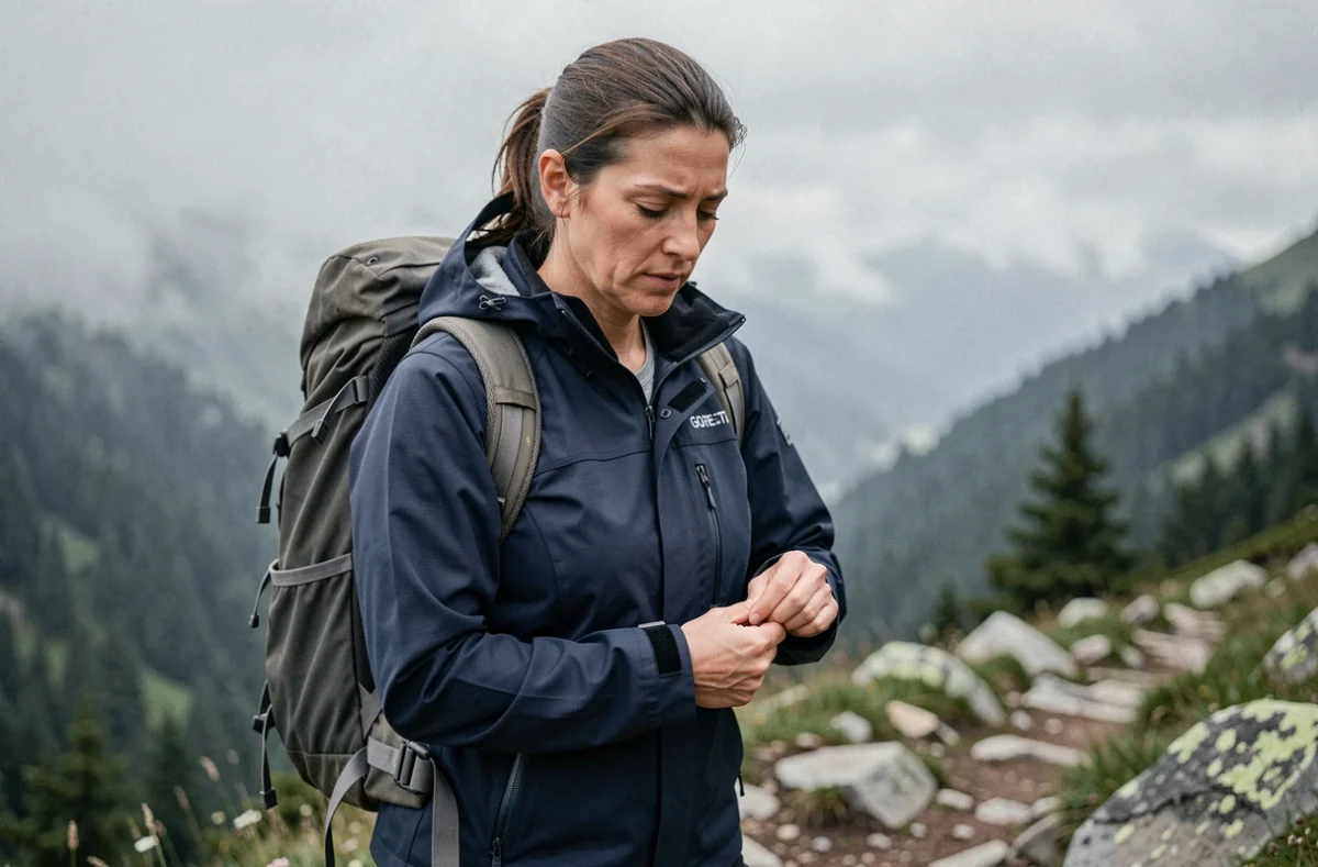 Femme portant une veste Gore-Tex durable en randonnée sur sentier de montagne rocheux
