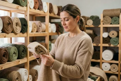 Femme inspectant un pull en coton biologique dans un atelier de textile durable, illustrant la qualité et la durabilité des vêtements écoresponsables