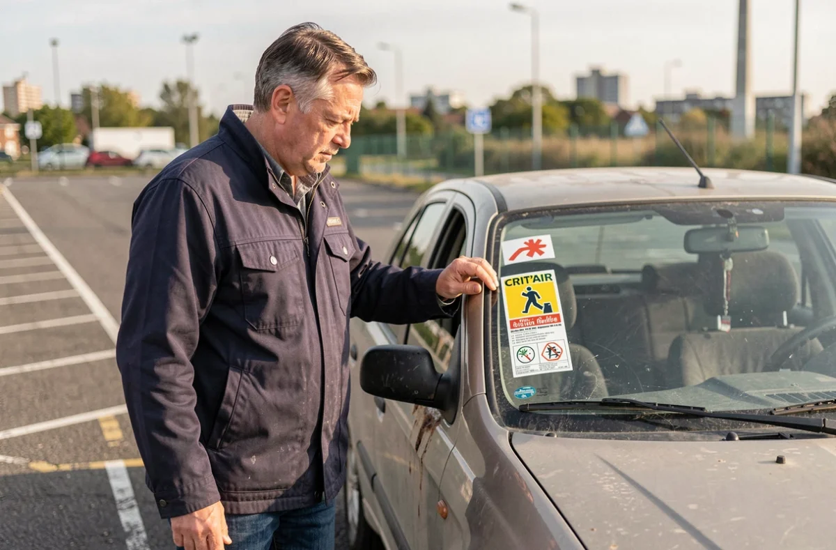 Homme examinant la vignette Crit'Air de sa voiture ancienne dans un parking, face aux nouvelles restrictions de circulation prévues en 2026
