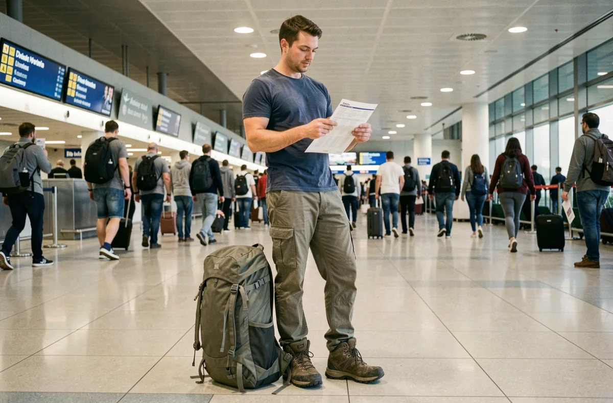 Voyageur avec un grand sac à dos dans un aéroport international tenant un itinéraire et une carte d'embarquement