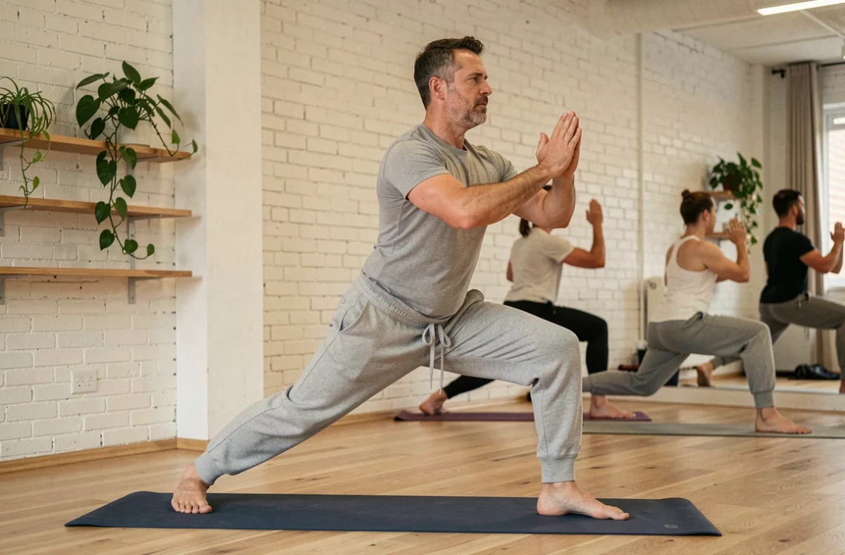 Homme pratiquant le yoga en intérieur dans un studio minimaliste pour le bien-être mental