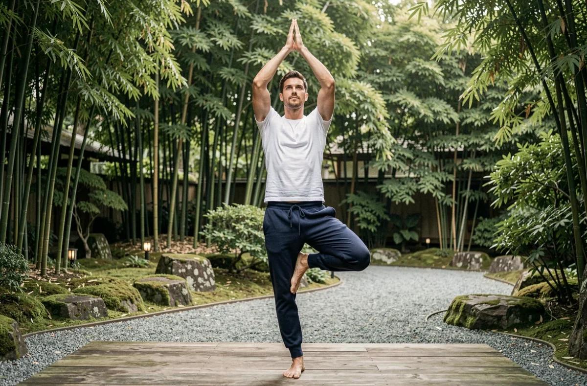 Homme mince pratiquant la posture de l'arbre en yoga sur une terrasse en bois dans un jardin zen verdoyant