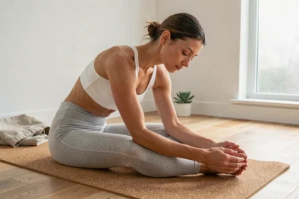 Femme mince en tenue de yoga pratiquant une posture d'étirement avant sur un tapis en liège dans un studio minimaliste